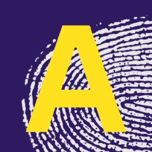 Letter A in yellow over fingerprint background