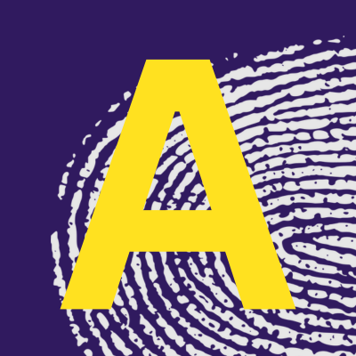 Letter A in yellow over fingerprint background